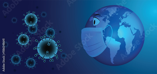 virus coming on earth with mask on blue vector background