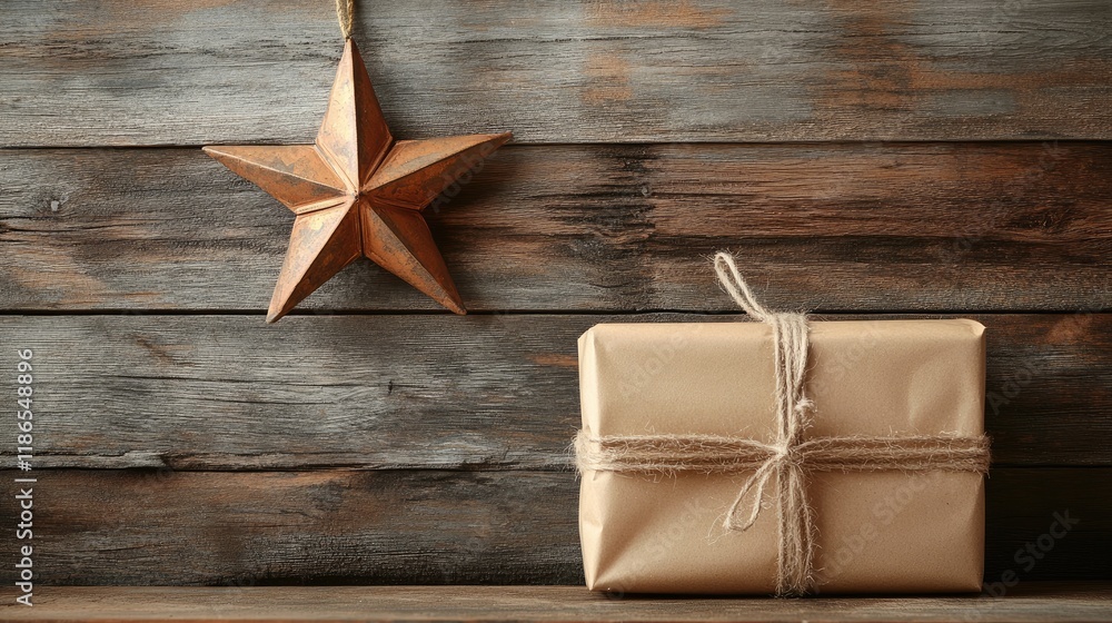 Rustic star decoration above a brown paper wrapped gift on a wooden background creating a cozy and festive atmosphere Rustic star decoration above a brown paper wrapped gift on a wooden background creating a cozy and festive atmosphere