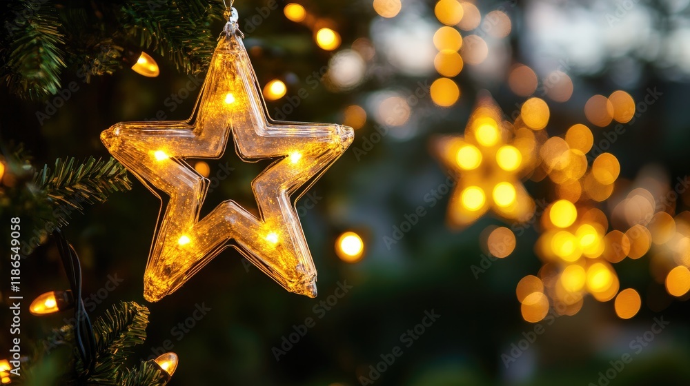 Decorative star lights hanging on a tree creating a warm and festive bokeh background atmosphere during the holiday season. Decorative star lights hanging on a tree creating a warm and festive bokeh background atmosphere during the holiday season.