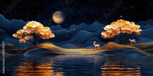 Golden Night Landscape with Deer and Trees