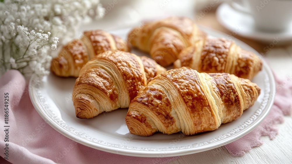 Delicious croissants on a plate with coffee in a cozy sunlit morning setting Delicious croissants on a plate with coffee in a cozy sunlit morning setting