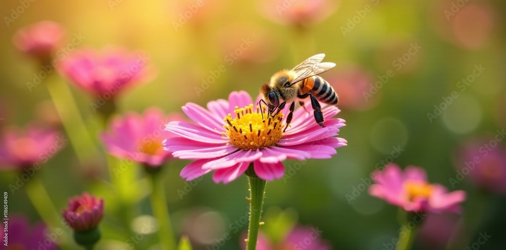 Bee collects pollen from heath aster blooms in sunlight, nature, flowers Bee collects pollen from heath aster blooms in sunlight, nature, flowers