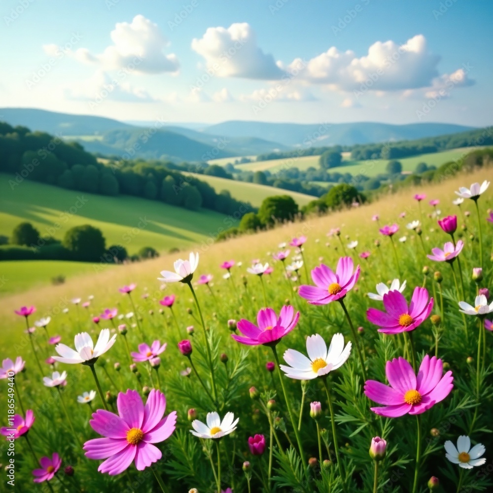 Obraz premium A scattering of mauve and white cosmos flowers creates a picturesque scene in the rolling hills of a countryside meadow, meadow, cosmos