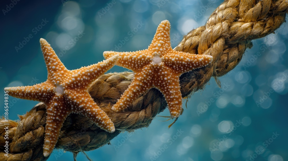 Starfish on a rope against a blue underwater background showcasing marine textures and vibrant colors for ocean-themed designs. Starfish on a rope against a blue underwater background showcasing marine textures and vibrant colors for ocean-themed designs.