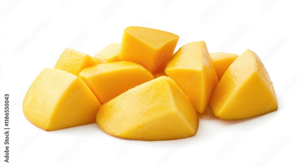 Fresh ripe mango slices arranged neatly on a white background showcasing vibrant tropical colors and natural texture. Fresh ripe mango slices arranged neatly on a white background showcasing vibrant tropical colors and natural texture.
