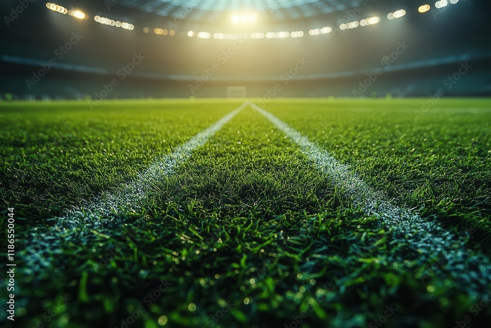 Obraz premium professional soccer field grass close-up with crisp white lines under stadium lights, perfect for sports background and football ground maintenance concepts