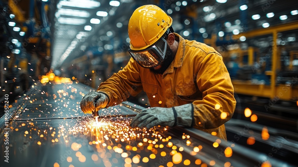 Worker welding in an industrial setting, sparks flying. Worker welding in an industrial setting, sparks flying.