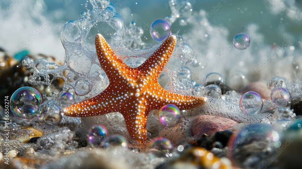 Starfish resting on a rocky beach surrounded by surf and bubbles creating a serene coastal atmosphere Starfish resting on a rocky beach surrounded by surf and bubbles creating a serene coastal atmosphere