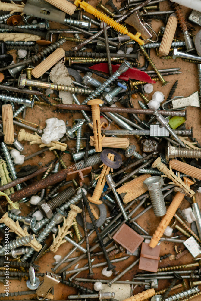 A chaotic pile of assorted screws, bolts, nails, wall plugs, washers, and metal parts. A mix of old and new fasteners in different shapes, sizes, and materials. Close-up shot, workshop tools. A chaotic pile of assorted screws, bolts, nails, wall plugs, washers, and metal parts. A mix of old and new fasteners in different shapes, sizes, and materials. Close-up shot, workshop tools.