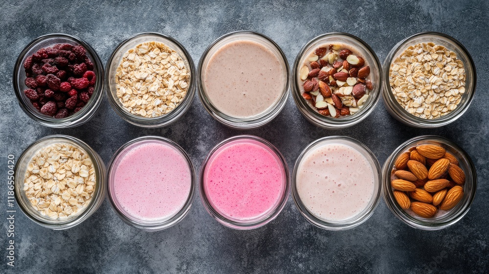 Healthy Strawberry Smoothie with Oatmeal Nuts and Seeds in Glass Jars on Gray Background with Food Ingredients Top View Healthy Strawberry Smoothie with Oatmeal Nuts and Seeds in Glass Jars on Gray Background with Food Ingredients Top View