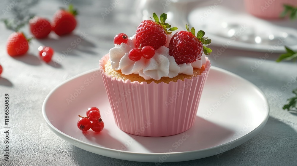 Delicious strawberry cupcake in pink wrapper topped with fresh berries on a white plate against a soft neutral background Delicious strawberry cupcake in pink wrapper topped with fresh berries on a white plate against a soft neutral background