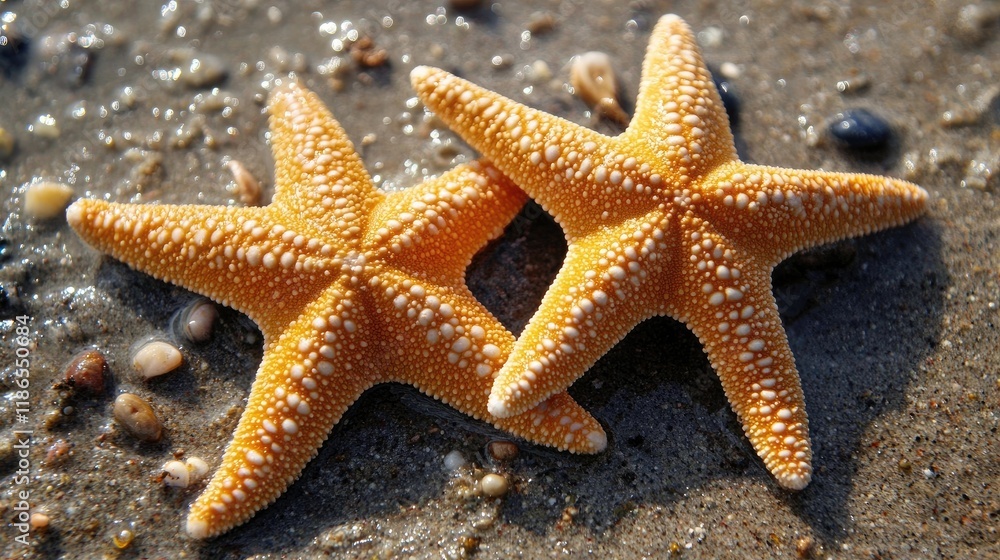 Starfish close-up on sandy beach showcasing marine life and unique textures of beautiful ocean animals in their natural habitat Starfish close-up on sandy beach showcasing marine life and unique textures of beautiful ocean animals in their natural habitat
