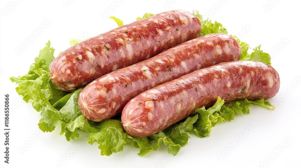 Savory sausages placed on a bed of fresh green lettuce showcasing a delicious culinary presentation Savory sausages placed on a bed of fresh green lettuce showcasing a delicious culinary presentation