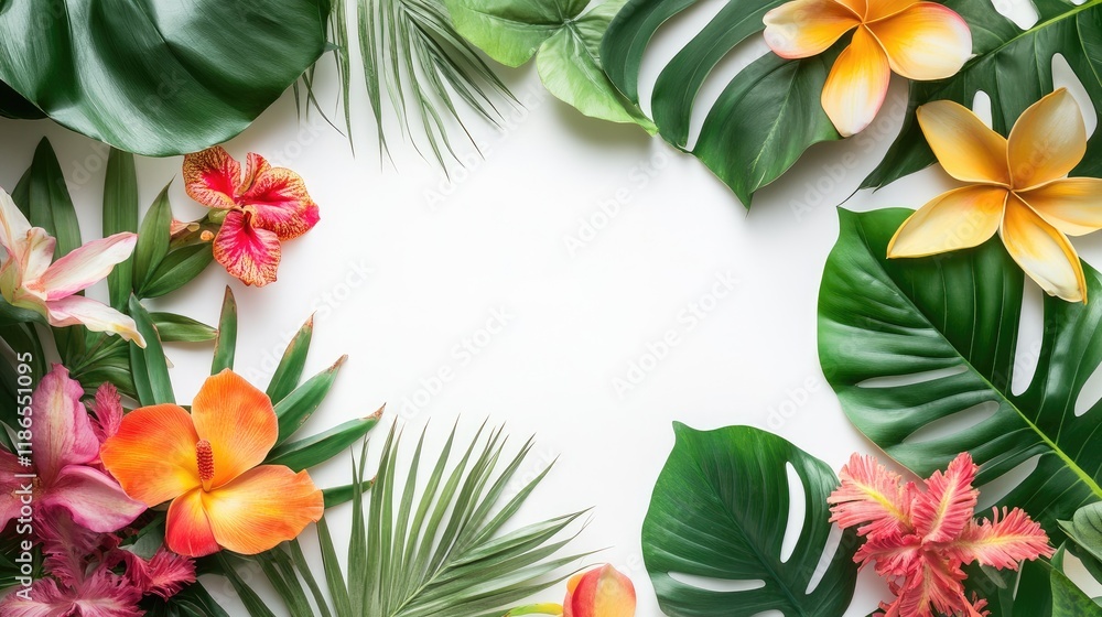 Tropical flowers and green leaves border arrangement on white background for nature and botanical themed designs Tropical flowers and green leaves border arrangement on white background for nature and botanical themed designs