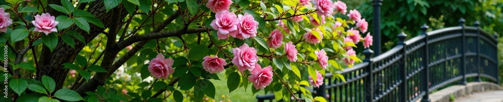 Iron railing supporting a trellis covered in flowering vines, railing, blossoms, greenery