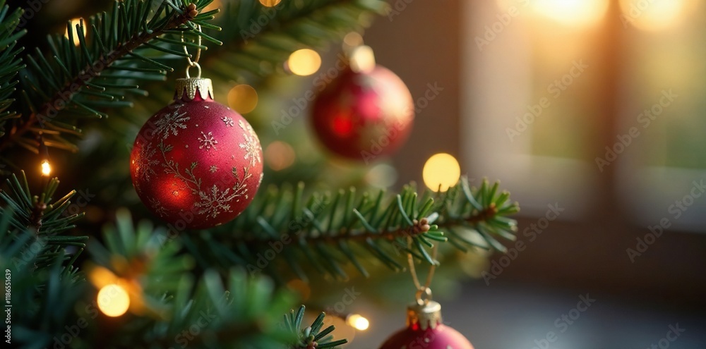 Fototapeta premium Ornaments and lights on a small, delicate Christmas tree, Bright, Sparkling, Holiday