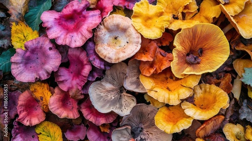 vibrant colorful fungi in a diverse forest carpet showcasing the beauty of nature's mushrooms and fallen leaves photo