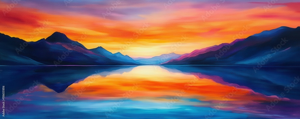 Sunset over a tranquil lake with mountains reflecting in the water, vibrant colors of orange, blue, and purple creating a stunning natural landscape Serene and peaceful Sunset over a tranquil lake with mountains reflecting in the water, vibrant colors of orange, blue, and purple creating a stunning natural landscape Serene and peaceful