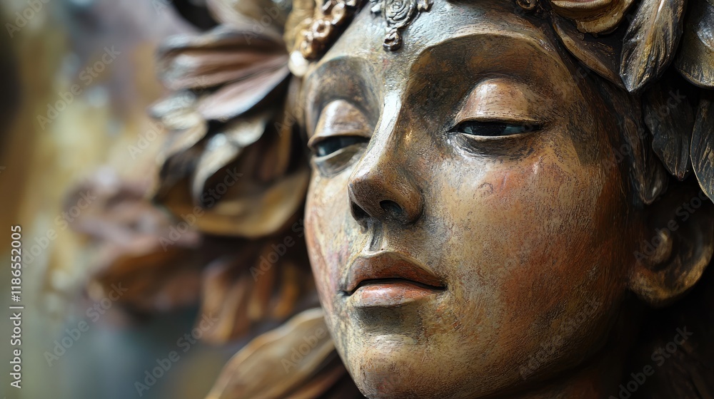 Intricately carved statue figurehead depicting a serene figure adorned with floral motifs inside a temple setting Intricately carved statue figurehead depicting a serene figure adorned with floral motifs inside a temple setting