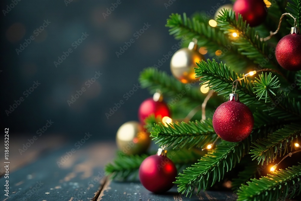 Fototapeta premium Decorative evergreen branches with sparkling ornaments and fairy lights on a soft focus background, , twinkling lights, Christmas garland