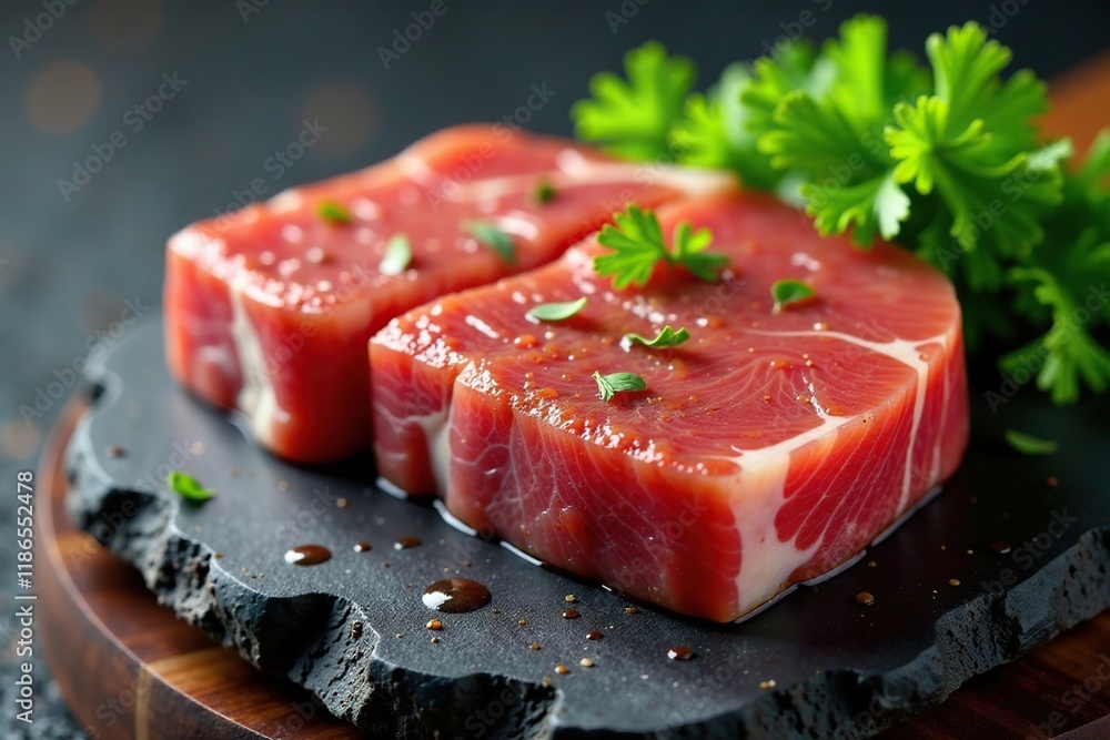 Marinated raw pork steak on a natural stone surface, marinadepork, delicious, porklover Marinated raw pork steak on a natural stone surface, marinadepork, delicious, porklover