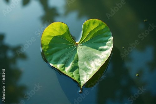 Heart-shaped leaves floating on still water in style of high-resolution realistic photograph for reflective water backgrounds with polarizing filter and copy space photo