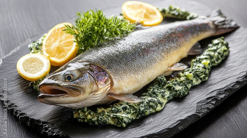 Fresh trout garnished with spinach cream and lemon slices on a slate serving platter elegantly presented for a gourmet dining experience Fresh trout garnished with spinach cream and lemon slices on a slate serving platter elegantly presented for a gourmet dining experience