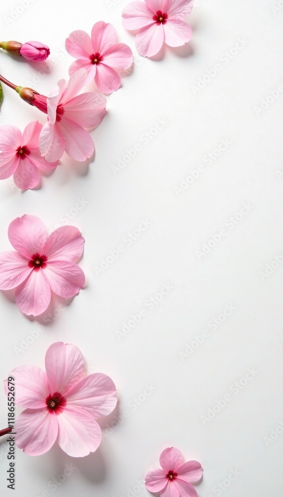Pastel pink blooms scattered on a clean white surface, minimalism, clean Pastel pink blooms scattered on a clean white surface, minimalism, clean