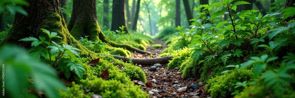 Overgrown forest path with thick moss and ferns growing through, moss, woodsy Overgrown forest path with thick moss and ferns growing through, moss, woodsy