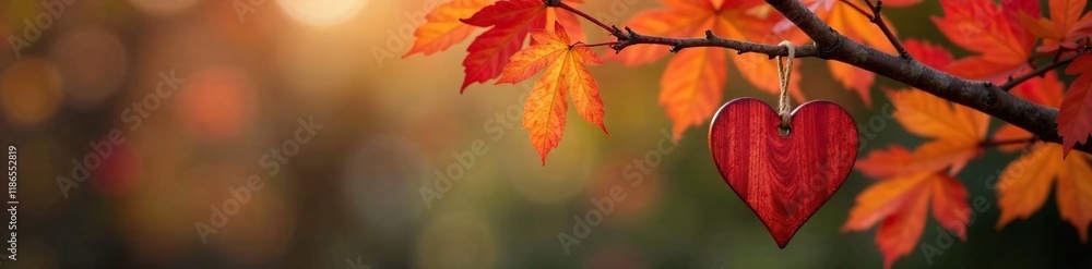 Wooden heart hangs from a branch amidst falling red and orange leaves, seasonal, branch, decoration Wooden heart hangs from a branch amidst falling red and orange leaves, seasonal, branch, decoration