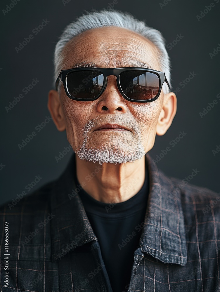 Elderly man with sunglasses and silver hair poses confidently against a dark background in a stylish black outfit, capturing an air of sophistication and wisdom Elderly man with sunglasses and silver hair poses confidently against a dark background in a stylish black outfit, capturing an air of sophistication and wisdom