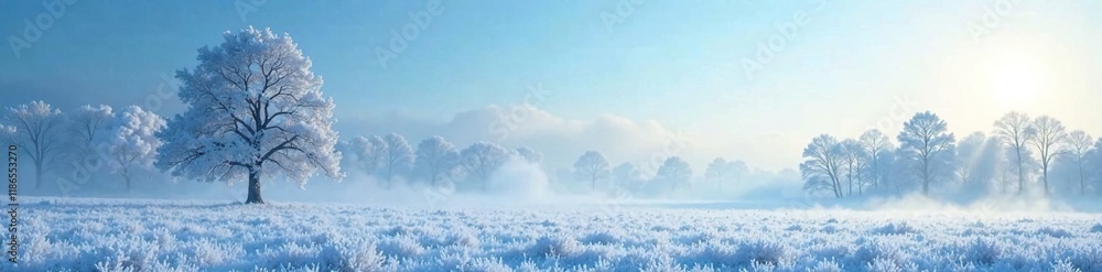 Frosty morning landscape with a blue sky and misty trees, frost, peaceful, snowflakes Frosty morning landscape with a blue sky and misty trees, frost, peaceful, snowflakes