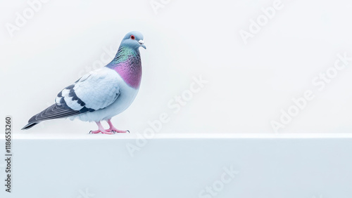 Minimalistic photograph of rock pigeon with iridescent purple neck feathers standing on white platform against clean white background. Generative AI photo