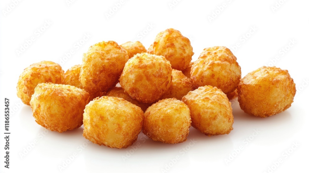 Crispy golden tater tots arranged on a clean white background perfect for food advertising or restaurant menus Crispy golden tater tots arranged on a clean white background perfect for food advertising or restaurant menus