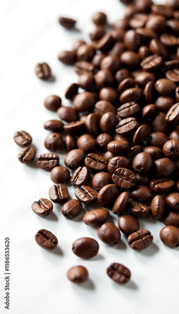 Rich aromas of dark roasted coffee beans scattered on a clean white surface, beans, brown Rich aromas of dark roasted coffee beans scattered on a clean white surface, beans, brown