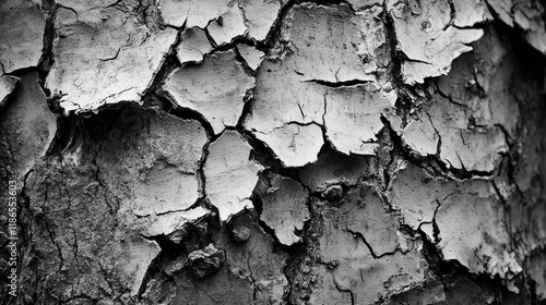 Detailed texture of an old tree trunk showcasing cracked bark patterns in black and white for natural design and organic themes photo