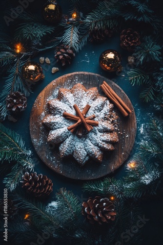 Festive star-shaped cake with cinnamon sticks, powdered sugar, pine cones, and fairy lights on a dark background. photo