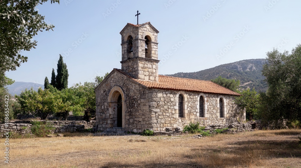Fototapeta premium Stone church of Saint Athanasios in a serene village setting surrounded by olive trees and mountains under a clear blue sky.