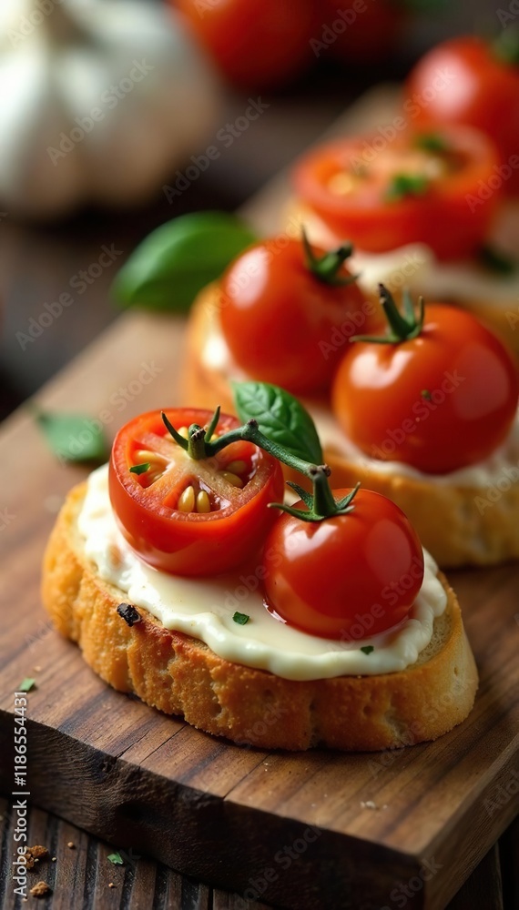 Golden-brown crostini topped with roasted tomatoes, appetizer, garlic, tomatoes Golden-brown crostini topped with roasted tomatoes, appetizer, garlic, tomatoes