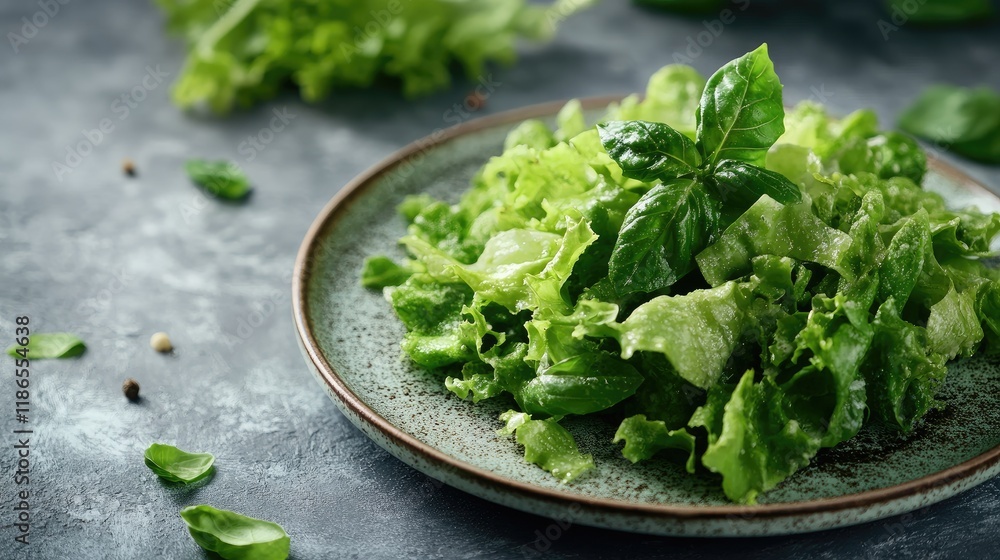Fresh and vibrant Caesar salad with crisp lettuce and sweet basil elegantly displayed on a rustic round plate with a textured background Fresh and vibrant Caesar salad with crisp lettuce and sweet basil elegantly displayed on a rustic round plate with a textured background