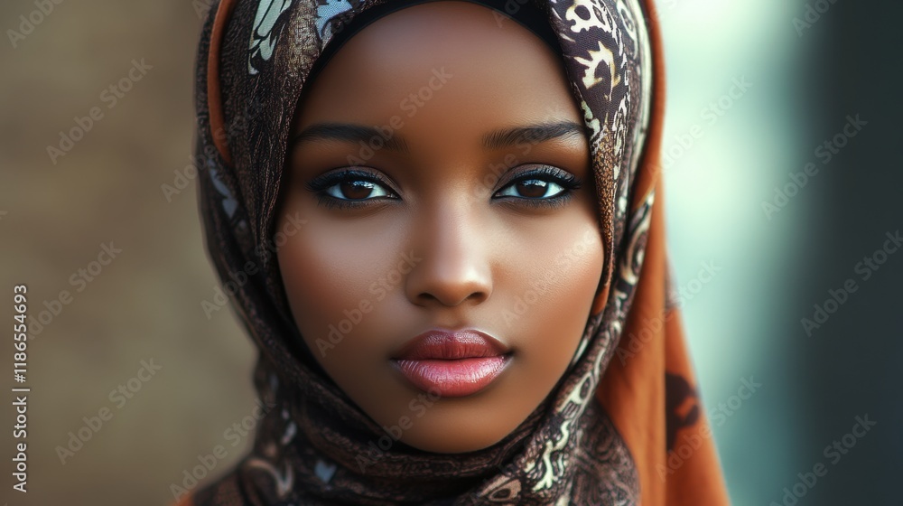 Young woman wearing a colorful hijab with intricate patterns and a thoughtful expression captured in natural light outdoors in a serene environment Young woman wearing a colorful hijab with intricate patterns and a thoughtful expression captured in natural light outdoors in a serene environment