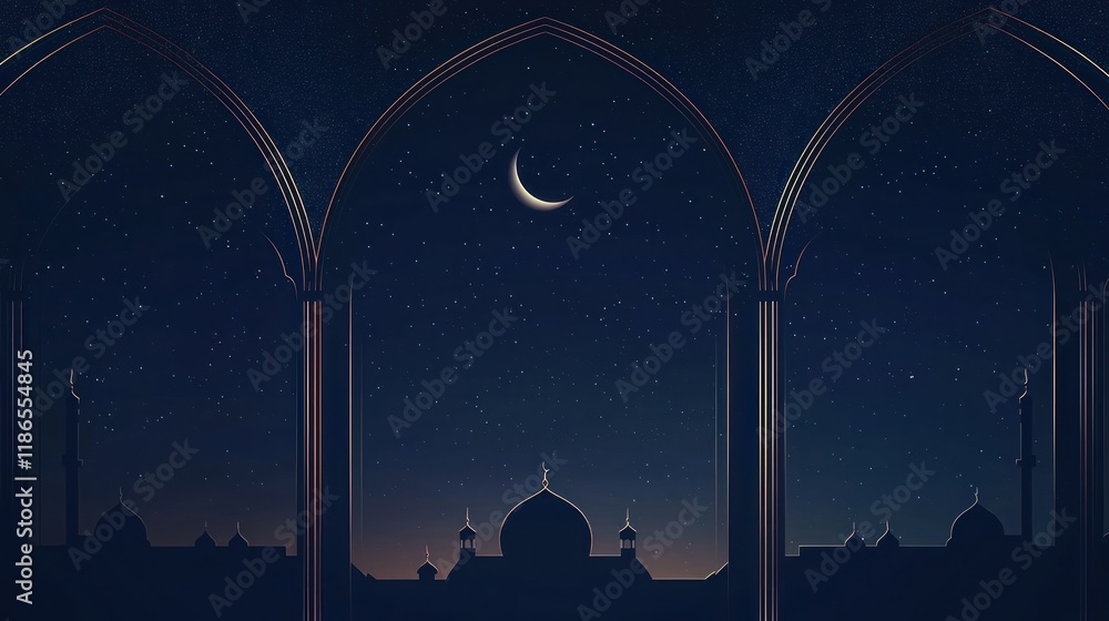 Naklejka premium Night scene with crescent moon and arches.