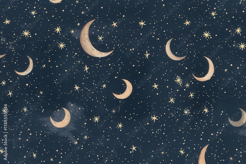 Fototapeta premium A starry night sky filled with crescent moons and twinkling stars, creating a dreamy atmosphere.