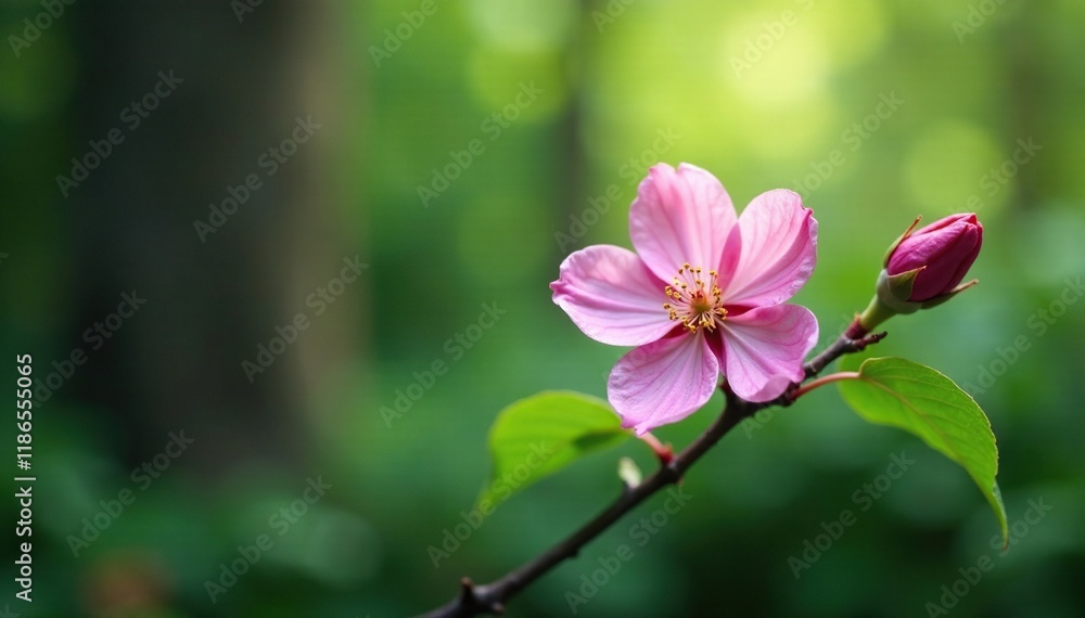 Delicate pink bloom on a branch in the forest, botanical, foliage Delicate pink bloom on a branch in the forest, botanical, foliage