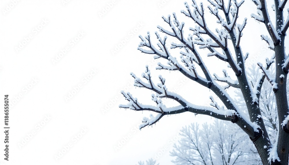 Obraz premium Frozen black tree branches against white background, bare, wood, tree limbs