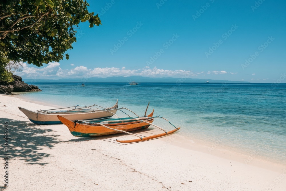 Tropical Beach Scene: Two vibrant outrigger boats rest on a pristine, sandy beach, under the shade of a tropical tree. Tropical Beach Scene: Two vibrant outrigger boats rest on a pristine, sandy beach, under the shade of a tropical tree.