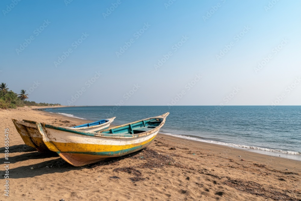 Fototapeta premium Coastal Serenity: Two weathered fishing boats rest on a sandy beach, under a brilliant blue sky. The tranquil scene evokes a sense of peace and quietude, with the ocean stretching towards the horizon.