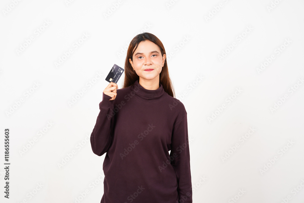 Showing and Holding Credit card Of Beautiful Asian Woman Isolated On White Background Showing and Holding Credit card Of Beautiful Asian Woman Isolated On White Background
