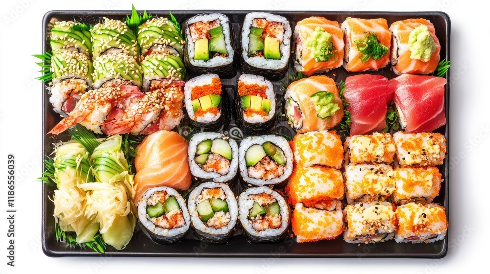 Assorted sushi rolls beautifully arranged on a black plate showcasing vibrant colors and textures isolated on a clean white background Assorted sushi rolls beautifully arranged on a black plate showcasing vibrant colors and textures isolated on a clean white background