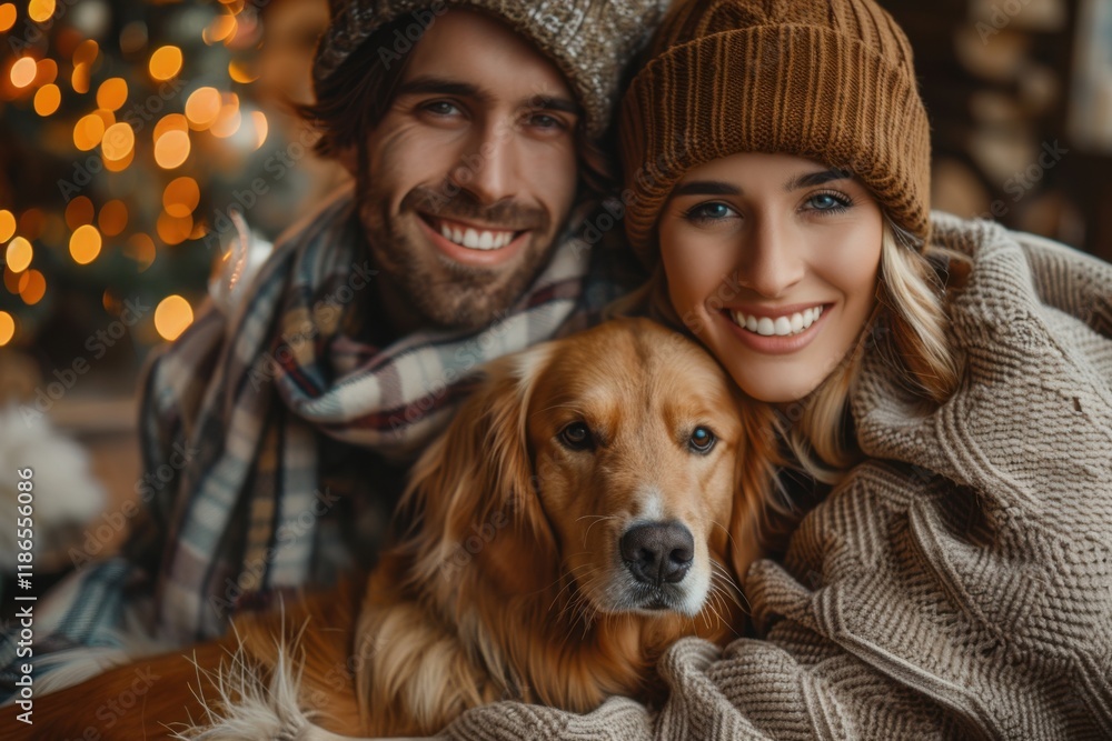 Cozy winter evening spent by the fireplace with a golden retriever in a festive living room decorated with twinkling lights Cozy winter evening spent by the fireplace with a golden retriever in a festive living room decorated with twinkling lights